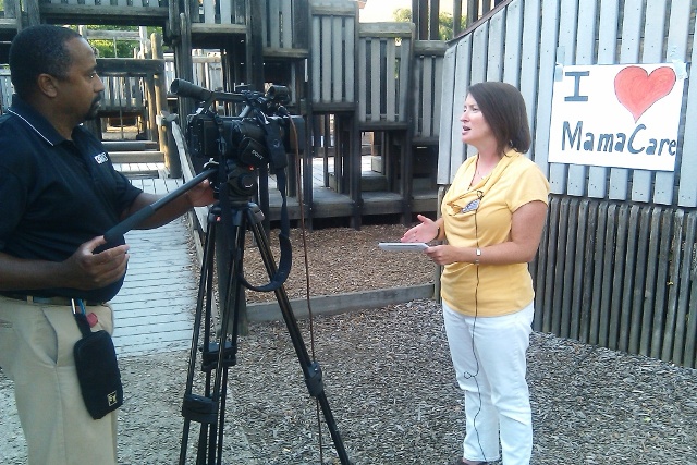 Margaret Pomponio meets with reporters at MamaCare picnic to discuss historic improvements in women's healthcare. 