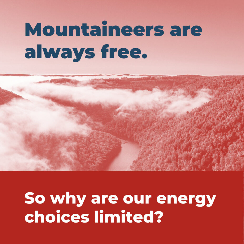Red, monochromatic picture of hills overlayed with clouds reading "Mountaineers are always free. So why are our energy choices limited?"